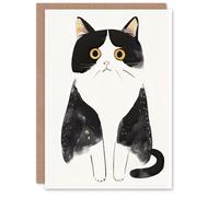 Artery8 Greeting Card Tuxedo Cat Lover Cute Black White Pet Yellow Eyes Blank For Him Or Her Art Birthday Card