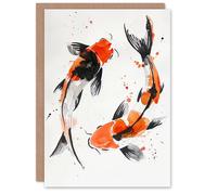 Artery8 Greeting Card Two Japanese Koi Carp Fish Bright Watercolour Blank For Him Or Her Art Birthday Card