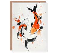 Artery8 Greeting Card Two Koi Carp Fish Orange Black Watercolour Blank For Him Or Her Art Birthday Card