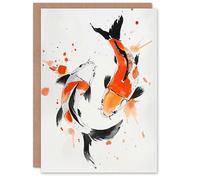 Artery8 Greeting Card Two Koi Carp Fish Orange Black Watercolour Blank For Him Or Her Art Birthday Card