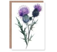 Artery8 Greeting Card Two Scottish Thistle Flower Blooms Watercolour Birthday in Purple Artery8 Purple
