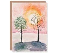 Artery8 Greeting Card Two Summer Trees in Pink Orange Sunset Landscape Blank For Him Or Her Art Birthday Card