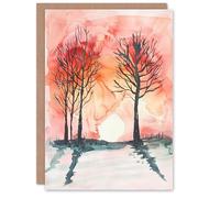 Artery8 Greeting Card Two Trees at Sunset Winter Countryside Landscape Blank For Him Or Her Art Birthday Card