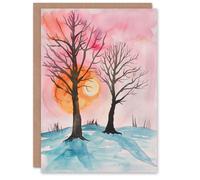 Artery8 Greeting Card Two Trees Misty Sunset Winter Snow Landscape Blank For Him Or Her Art Birthday Card