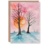 Artery8 Greeting Card Two Trees Misty Sunset Winter Snow Landscape Blank For Him Or Her Art Birthday Card