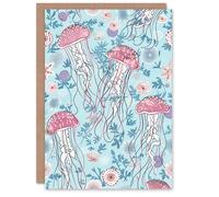 Artery8 Greeting Card Underseas Jellyfish Flowers Baby Blue Pink Design Blank For Him Or Her Art Birthday Card