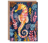 Artery8 Greeting Card Vibrant Seahorse Colourful Coral Reef Folk Art Birthday Artery8 Multicolor