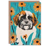 Artery8 Greeting Card Vibrant Shih Tzu Daisy Portrait Dog Lover Floral For Her Woman Birthday Card
