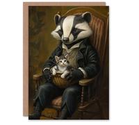 Artery8 Greeting Card Victorian Animals Fantasy Badger with a Kitten Blank For Him Or Her Art Birthday Card