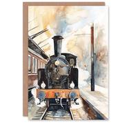 Artery8 Greeting Card Vintage Travel Steam Train Front View Watercolour Blank For Him Or Her Art Farewell Card