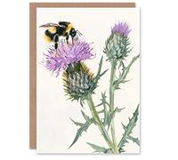 Artery8 Greeting Card Watercolour Bumblebee on Scottish Thistle Flower Blank For Him Or Her Art Birthday Card