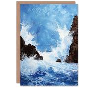 Artery8 Greeting Card Waves Crashing Rocks Sea Spray Oil Painting Blank For Him Or Her Art Birthday Card