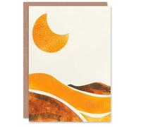 Artery8 Greeting Card Waxing Crescent Moon Abstract Orange Landscape Blank For Him Or Her Art Birthday Card