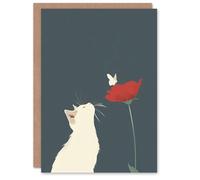 Artery8 Greeting Card White Kitten with Rose Butterfly Artwork Cute Blank For All Him Or Her Art Birthday Card