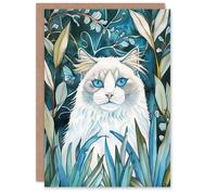 Artery8 Greeting Card White Ragdoll Cat Lover Pet in Garden at Night Blank For Him Or Her Art Birthday Card