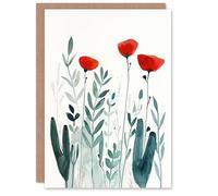 Artery8 Greeting Card Wild Poppy Flowers Bright Red Teal Watercolour For Her Woman Birthday Card