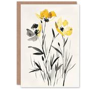 Artery8 Greeting Card Wildflower Blooms Black White Yellow Watercolour For Her Woman Birthday Card
