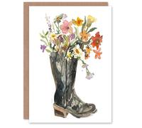 Artery8 Greeting Card Wildflower Bouquet Heeled Army Boot Watercolour Birthday Artery8 Multicolor