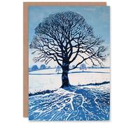 Artery8 Greeting Card Winter Oak Tree Silhouette Snow Field Landscape Blank For Him Or Her Art Birthday Card