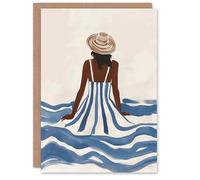 Artery8 Greeting Card Woman in Blue White Stripy Summer Holiday Dress For Her Woman Holiday Card