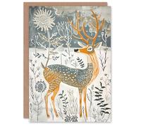 Artery8 Greeting Card Woodland Deer in Snow Wildflowers Winter Folk Art Blank For All Him Or Her Art Birthday Card
