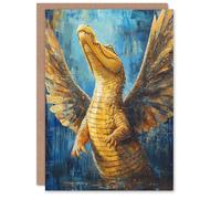 Artery8 Greeting Card Yellow Crocodile With Angel Wings Oil Painting Blank For Him Or Her Art Birthday Card