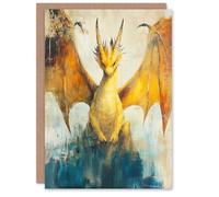Artery8 Greeting Card Yellow Dragon With Big Wings Fantasy Oil Painting Blank For Him Or Her Art Birthday Card