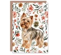 Artery8 Greeting Card Yorkshire Terrier Dog Lover Pink Floral Pattern For Her Woman Birthday Card