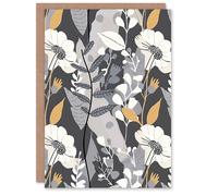 Artery8 Greeting Card Grey Orange Wildflower Design Floral Pattern Blank For Him Or Her Art Birthday Card