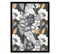 Grey Orange Wildflower Design Floral Pattern Framed Art Print Artery8 Grey A4