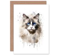 Artery8 Grey Point Ragdoll Cat Blue Eyes Lovers Gift Watercolour Pet Portrait Painting Artwork Sealed Greeting Card Plus Envelope Blank inside