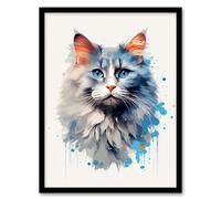 Artery8 Framed Wall Art Grey Point Ragdoll With Blue Eyes Cat Lover Gift Pet Portrait Bright Artwork Painting - 12X16 Inch