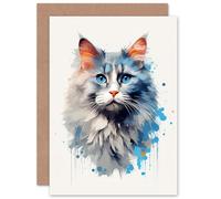 Artery8 Grey Point Ragdoll With Blue Eyes Cat Lover Gift Pet Portrait Bright Artwork Painting Sealed Greeting Card Plus Envelope Blank inside