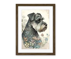 Artery8 Grey Schnauzer Dog and Spring Flowers Boho Portrait Watercolour Illustration Artwork Framed Wall Art Print 18X24 Inch