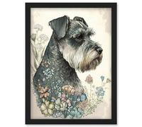Artery8 Grey Schnauzer Dog And Spring Flowers Boho Portrait Watercolour Illustration Wall Art Print - A4 Size