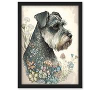 Artery8 Grey Schnauzer Dog & Spring Flowers Boho Portrait Watercolour Illustration Artwork Framed Wall Art Print A4 in Black Artery8 Black