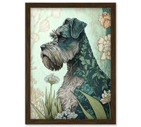 Artery8 Grey Schnauzer Dog with Floral Pattern Fur Coat in Flowers Modern Watercolour Illustration Artwork Framed Wall Art Print A4 in Brown Artery8 Brown