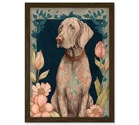 Artery8 Grey Weimaraner Dog with Ornate Pattern Fur Coat and Flowers Modern Art Nouveau Illustration Artwork Framed A3 Wall Art Print