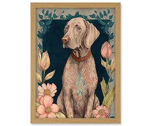 Artery8 Grey Weimaraner Dog with Ornate Pattern Fur Coat and Flowers Modern Art Nouveau Illustration Artwork Framed A3 Wall Art Print