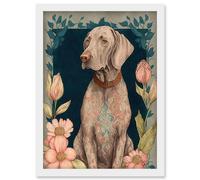 Artery8 Grey Weimaraner Dog with Ornate Pattern Fur Coat & Flowers Modern Art Nouveau Illustration Artwork Framed Wall Art Print A4 in White Artery8 White