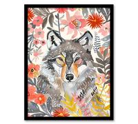 Artery8 Grey Wolf Pink Floral Watercolour Animal Portrait Framed Wall Art | Size: A4 Artery8 Pink A4