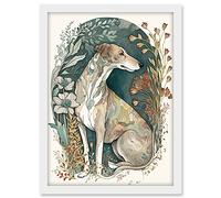 Artery8 Greyhound Dog in Flower Field Modern Pastel Boho Watercolour Illustration Artwork Framed A3 Wall Art Print