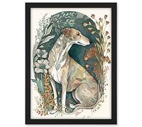 Artery8 Greyhound Dog in Flower Field Modern Pastel Boho Watercolour Illustration Artwork Framed A3 Wall Art Print