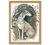 Artery8 Greyhound Dog in Flower Field Modern Pastel Boho Watercolour Illustration Artwork Framed A3 Wall Art Print