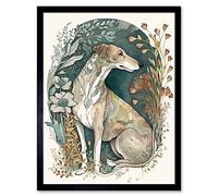 Artery8 Greyhound Dog in Flower Field Modern Pastel Boho Watercolour Illustration Artwork Framed Wall Art Print 9X7 Inch