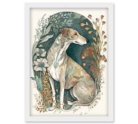 Artery8 Greyhound Dog in Flower Field Modern Pastel Boho Watercolour Illustration Artwork Framed Wall Art Print A4 in White Artery8 White