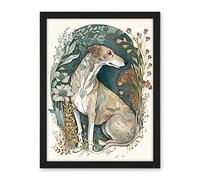 Artery8 Greyhound Dog in Flower Field Modern Pastel Boho Watercolour Illustration Artwork Framed Wall Art Print 18X24 Inch
