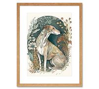 Artery8 Greyhound Dog in Flower Field Modern Pastel Boho Watercolour Illustration Artwork Framed Wall Art Print 12X16 Inch