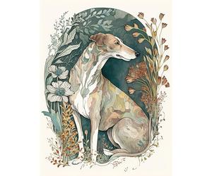 Artery8 Greyhound Dog in Flower Field Modern Pastel Boho Watercolour Illustration Extra Large XL Wall Art Poster Print