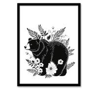Artery8 Grizzly Bear and Wildflowers Black White Folk Art Living Room Artwork Framed Wall Art Print 18X24 Inch